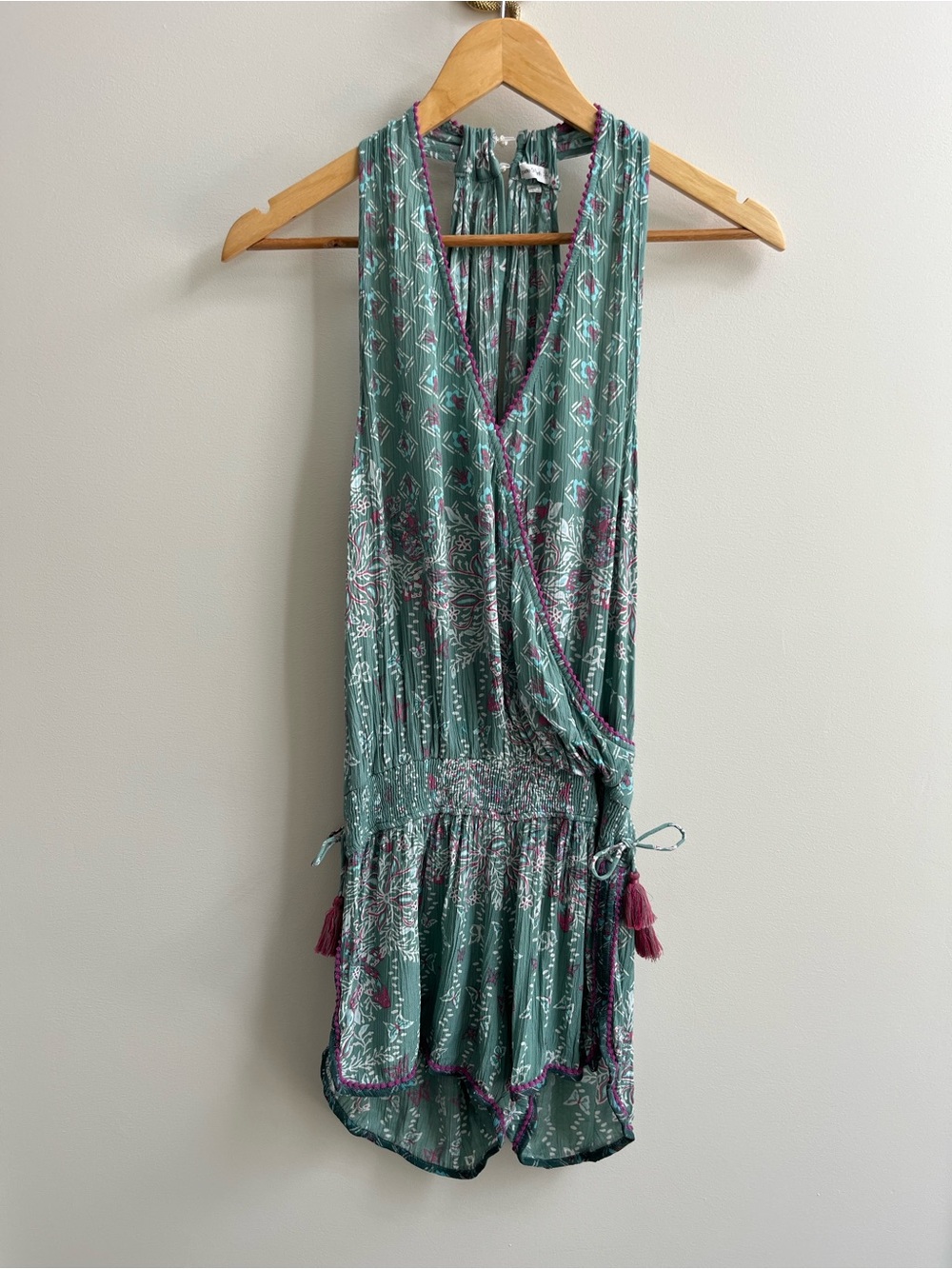 Poupette St Barth Elise Pom-Pom Trim Printed Resort Romper Green Fuchsia XS
